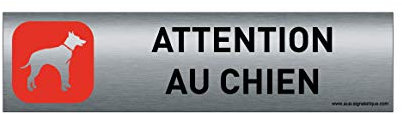 AUA SIGNALETIQUE - Plaque de Porte Aluminium brossé imprimé AluSign - 200x50 mm - Attention au Chien Rouge modèle 3 - Double Face adhésif au Dos