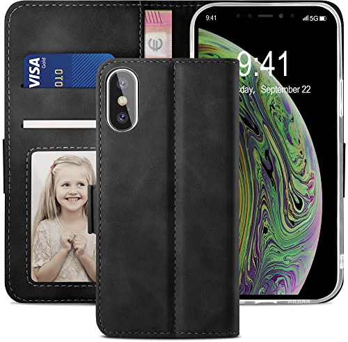 YATWIN Cover Compatibile con iPhone X, Flip Custodia Portafoglio in Pelle Premium Slot per iPhone XS Case con Vetro Temperato, Supporto Stand e Chiusura Magnetica Cover per iPhone X/XS Caso - Nero
