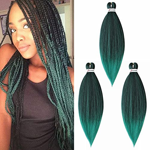 Pre Stretched Braiding Hair 3Stück Vorgestrecktes Flechthaar Haare Extensions Yaki EZ Vorgedehntes Flechthaar Kunsthaar Haarverlängerungen Haarteil, Schwarz&Grün