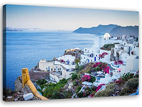 Feeby Bild auf Vlies Leinwand Wellen Griechenland Himmel Meer 45x30 cm Kunstdruck Modern Wandbilder Deko Flur Wohnzimmer Sonnenuntergang Insel Santorin Blau