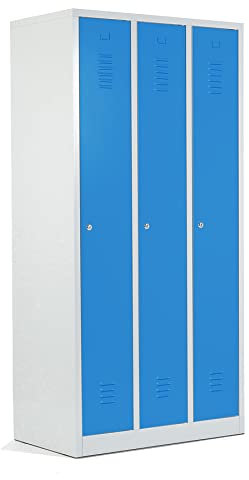 Schrank & Stuhl Spind – Metallspind mit 3 Abteilen in 180 x 90 x 50 cm, Schließfachschrank mit Hutboden & Zylinderschlössern, Lieferung komplett montiert, Grau/Lichtblau