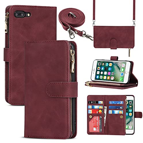 Cavor Coque Compatible avec iPhone 7 Plus/8 Plus Etui avec Cordon,Flip Portefeuille Étui Cuir,[9 Porte Cartes][Double Boucle],Protection Housse Etui Compatible avec iPhone 7 Plus/8 Plus - Rouge