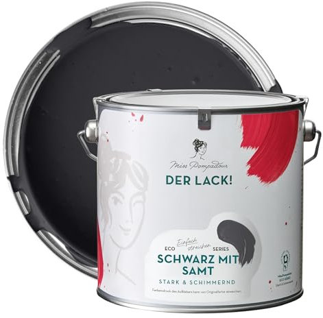 MissPompadour seidenmatte Holzfarbe Innen & Außen 2,5L Schwarz mit Samt, Möbelfarbe ohne Schleifen - Farbe für Holz, Metall, Kunststoff - Holzlack, Möbellack schnelltrocknend mit hoher Deckkraft
