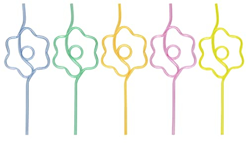Unique- Pailles en Plastique Réutilisables en Forme de Marguerite-Fête d'anniversaire Groovy-5 Pièces (Lot de 1), 23672, Multicolour