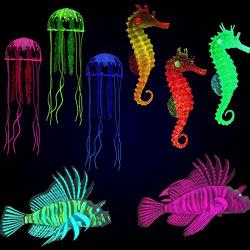 TOTITOM 8 Stück Leuchtende Aquarium Dekoration, Künstliches Schwimmendes Quallen Seepferdchen aus Silikon Nylon für Aquarium Aquarium, Simulierte Aquarium Dekoration Geschenk zum Valentinstag