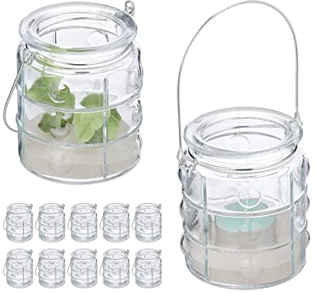 Relaxdays Windlicht, 12er Set, Glas, mit Henkel, innen & außen, runde Teelichthalter, HD 9 x 7,5 cm, transparent/Silber