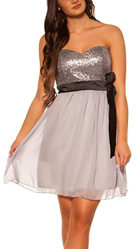 Bandeau Glitzer Pailletten Minikleid mit Deko Gürtel und Chiffon-Rock M