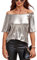 VIDUSSA Damen Kurzarm Glitzer Oberteile Funkelnd Tops Schulterfrei Shirt Tunika Lässig Party Club Blusen Silber XL
