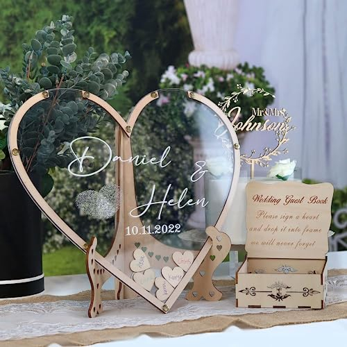 XEL Benutzerdefinierte Name und Datum Hochzeit Gästebuch Alternative,Personalisierte Herz Gästebuch Dropbox Schild Rustikale Hochzeitsdekorationen für Empfang, Gastgeschenke für Gäste 100 Herzen