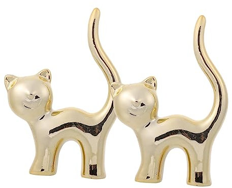 Cabilock 1 Ensemble 2 Pièces Porte-bague Chat Dessus De Bureau Présentoir à Bijoux Chat Accessoires De Décoration De Bureau De Vanité Porte-bagues Animaux Miniature Céramique Support