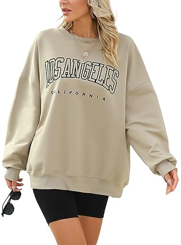 Voqeen Sweatshirt Damen Oversize Los Angeles Y2k Langarmshirt Damen mit Kapuze Rundhals Pullover Casual Tops