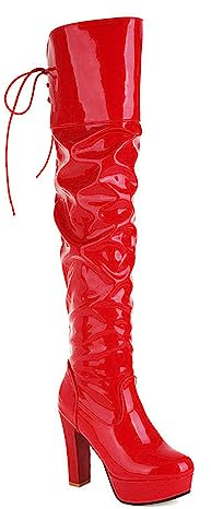 Botas por Encima de la Rodilla con Plataforma para Mujer, Botas largas de tacón Grueso con Punta Redonda y Cordones Traseros, Botas Altas hasta el Muslo de Charol,Rojo,43