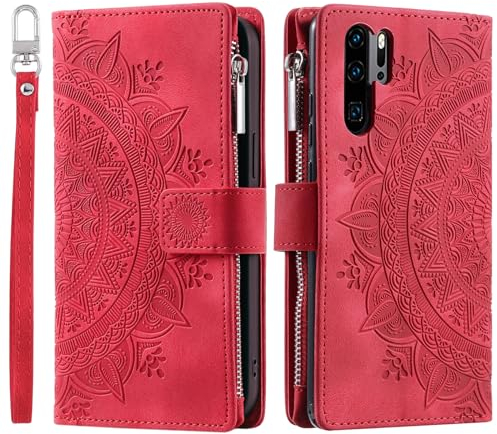 VEEMOS Handyhülle für Huawei P30 Pro hülle Klappbar Blumen Handytasche Schutzhülle Klapphülle mit Kartenfach Handy Tasche Book Cover Flip Case Ständer - Rot