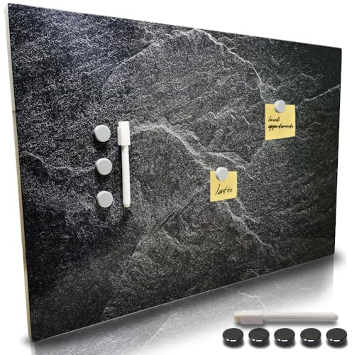 BAKAJI Magnettafel beschreibbar und löschbar für die Wand, Tafel mit 5 Magneten und 1 Marker, Memoboard für die Wand, ideal für Küche, Wohnzimmer, Eingang, 60 x 40 cm (Marmor)