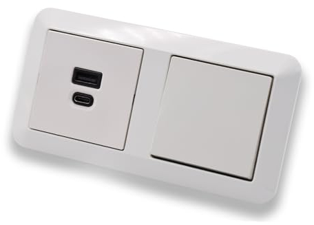 EBROM USB-C und USB-A Unterputz Steckdose/Lader, 45+15 Watt Leistung – Schnellladefunktion für Wearables, Smartphones Tablets – mit Merten Kreuzschalter MEG3117-0000 in System M polarweiß glänzend