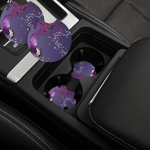 Sottobicchieri per auto, 2 pezzi, portabicchieri per auto, viola prugna farfalla, portabicchieri per interni auto, antiscivolo, accessori per la decorazione interna dell'auto, tappetino per la maggior