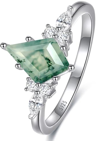 Yaresul Verlobungsring Damen, 925 Sterling Silber, Natürlicher Moosachat Edelstein, Rautenförmig, Versprechensring für Frauen Größe 54.4(17.3)