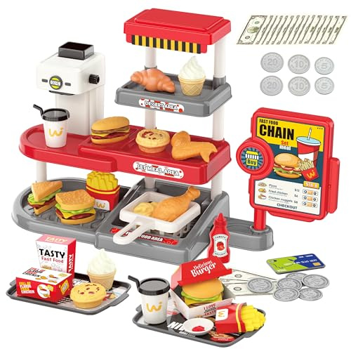 Cash Register Toy for Kids - Pretend Play Fast Food Store & Kitchen | with Play Money, Sound and Credit Card - 71 Pcs Play Food Sets Kitchen with Burgers, Wings and Fries, Toy Till for kids