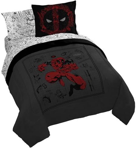 Jay Franco Marvel Deadpool Bettwäsche-Set für King-Size-Bett, 7-teiliges Bettwäsche-Set mit Bettlaken-Set und Kissenbezügen, superweiche, gemütliche Bettwäsche, Grau und Rot