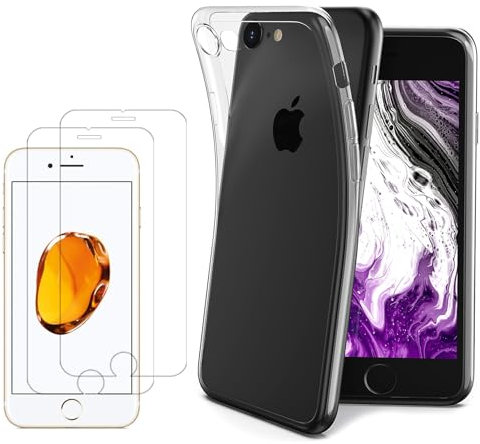 Cover per iPhone 7 / iPhone 8 / SE 2020 2022 5G, + 2 Pezzi Pellicola Protettiva in Vetro Temperato, Trasparente in silicone, Custodia in TPU, Antiurto e Sottile, Resistente all'ingiallimento