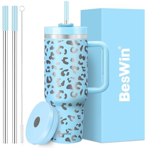 40 oz Tumbler with Handle and Straw, 2 Lids (2 in 1 & Leakproof Lid) - Vacuum Insulated Stainless Steel Double Wall Water Bottle Travel Mug - Holiday Gifts for Women Men - Blue Leopard