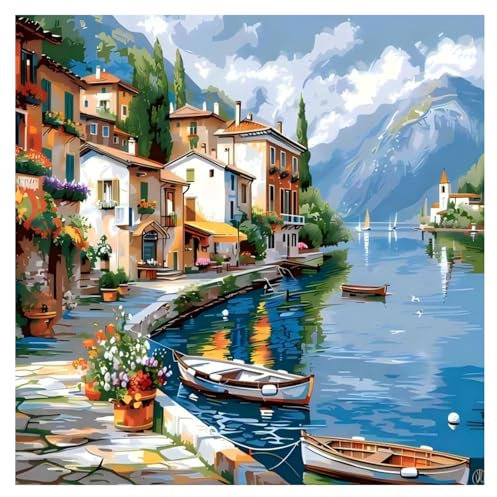 Xobers art Peinture Numero Adulte, Peinture par Numero Adulte Paysage, Peinture Numero, Lac et Bateau Kits de Peinture au Numéro pour Décoration Maison et Cadeau 40x40 cm