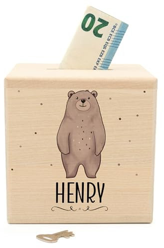 Muckelmeister Spardose Kinder Personalisiert mit Namen aus Holz - 10x10x10cm - Spardose mit Schloss und Schlüssel - Taufgeschenke für Mädchen und Jungen - originelle Geschenke zur Geburt - Bär