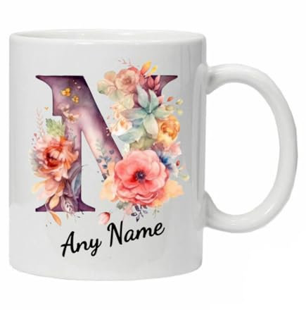 Personalised Mug Cup Watercolour Beautiful Floral Initial Name Tea Coffee Boxed Gift Christmas Gifts for Her Drinkware Ceramic (Letter N)