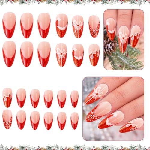 24PCS Christmas Medium Red French Press-On Nails - Bow, Snowflake & Santa Hat Patterns - Almond Removable Glue-On Fake Nails for Women Girls Xmas Art Accessories Y11HSDMJ