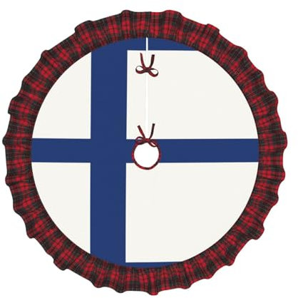 Finnische Flagge, flachsähnlicher Weihnachtsbaumrock mit Bommelbordüre, rustikaler Charme für Bauernhäuser-Dekoration