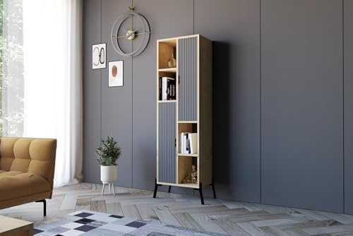 Hanah Home Industrial Bookshelf with Iron Legs, Sapphire Oak & Anthracite, 48.2 x 160 x 30 cm | 100% Melamine Coated, 18 mm Thick | Stylish Storage Solution for Modern Spaces