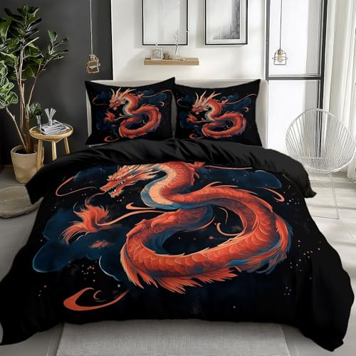 CozyRest Bettwäsche 135 x 200 cm Reversibel Schwarz, Roter Drache Mikrofaser Bedruckte Bettbezug Set 3 Teilig - 1 Bettbezug und 2 Kissenbezug 80x80 cm Weich und Bügelfrei