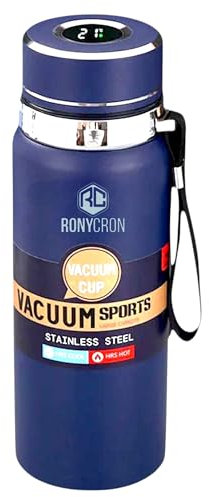 RonyCron Marken Thermosflasche 600ml- 316 Edelstahl Auslaufsicher-Trinkflasche-Büro,Sport-Doppelwandig-Isolierflasche-12-24h-Heiß/Khalt-Thermoskanne-BpaFree-Smart Thermosflasche-Digitale Display-Blau