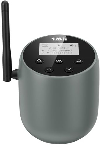 1Mii DS70 Trasmettitore Bluetooth 5.2 per TV a 2 Cuffie, Adattatore Audio Wireless con Display LCD, aptX bassa latenza, HD, Ingresso Ottico/Jack 3,5mm AUX/RCA e Microfono, Modalità TX+Bypass