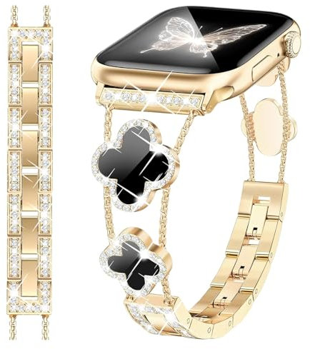 fitonyo Bracelet Trèfle Diamant compatible avec Apple Watch Series 10/9/8/7/6/5/4/3/2/1/SE,Bracelet métal habillé Sparkle Bling Diamant Bracelet pour iWatch 42/44/45/46/49mm Or Noir