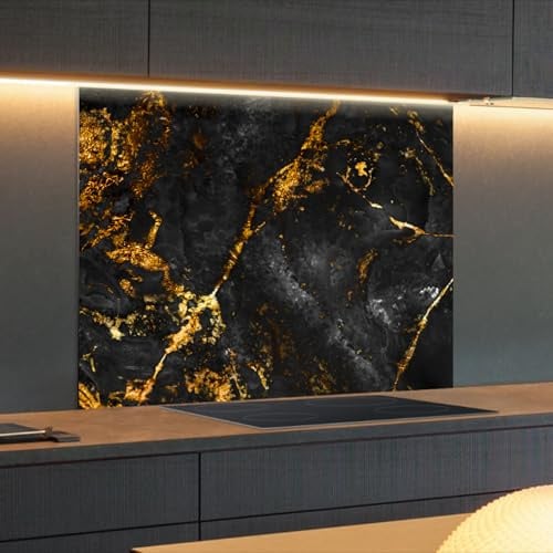 Spritzschutz Küchenrückwand Alu Matt 60 x 50 x 0,3 cm Schwarzer Marmor mit goldenen Adern, Küchenwand Wandschutz, Herd Spritzschutz, Rückwand Küche - RUECKWAND24