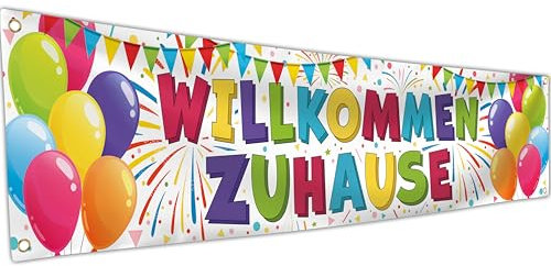 Willkommen Zuhause Banner 180 x 40 cm – Herzlich Willkommen Girlande – Willkommen Zurück Deko – Lebendiger Digitaldruck – 110 Den Polyester – Doppelnaht (Weiß)