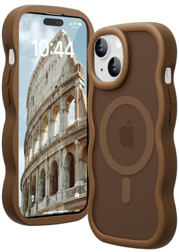 Amzfield Magnetic Case for iPhone 13/14, Wavy Translucent Shockproof, Brown | Compatible with MagSafe Wavy Translucent Soft Silicone Shockproof Cute Matte for Girl Women Drop Protection Soft Touch Pretty
