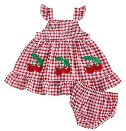 BeliBacca Cute Summer Outfits for Infant Baby Girls Sleeveless Boat Neck Flying Sleeve Cherry Plaid Smocking Dress Shorts Set Newborn Clothes