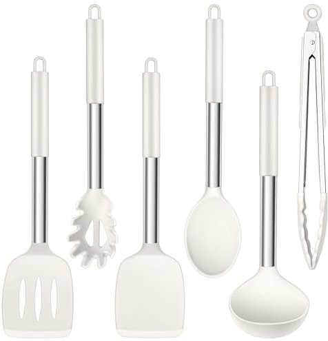 Herogo Kitchen Utensils Set, 6-Piece Silicone Cooking Utensil Set, Heat Resistant Stainless Steel Handle Cooking Tools, Non-Stick Silicone Spatula Turner Spoon Set, Easy to Clean - White