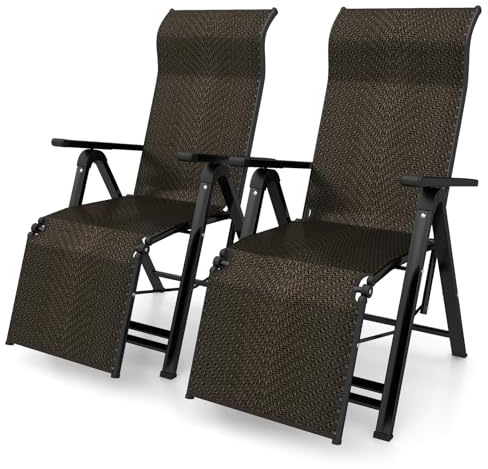 GYMAX Lot de 2 Chaise Longue Extérieur Pliante en Rotin PE pour Bain de Soleil, Dossier et Repose-Pieds Réglables sur 10 Positions, Convient pour Jardin, Balcon, Patio, Plage, Capacité 150KG, Brun