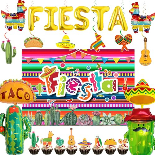 Mexican Party Decorations Fiesta Balloons - 27 Pcs Fiesta Theme Set | Balloon Hanging Swirls Backdrop Cloth Cactus Hat Burrito Cupcake Toppers for Cinco De Mayo Coco Carnivals Festivals