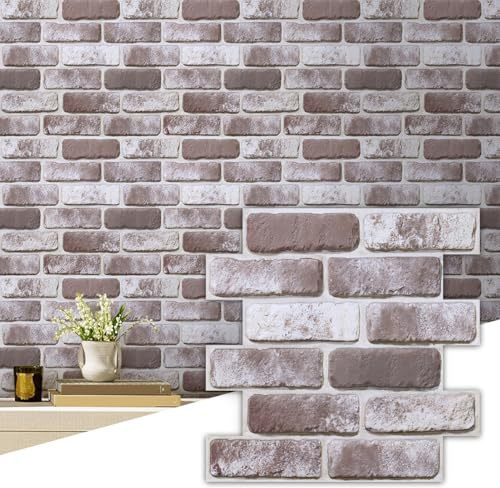 Commomy 3D Faux Brick Stick on Tiles Self Adhesive 10 Pcs 11.8 x 11.8 | Lightweight Thin PVC Faux Brick Stone Effect Wallpaper Tiles for Kitchen,Living Room,Quick DIY Interior Wall Decor(9.7 sq.ft)