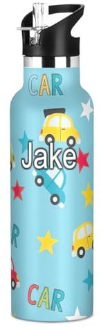 Custom Kids Water Bottle with Straw Leakproof Sports Water Bottle for Boys Girls 20oz, BPA-Free, Cartoon Cars