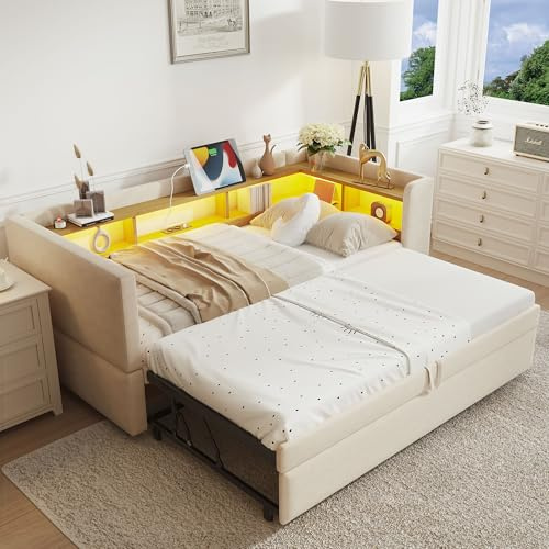 RIAZOS Polsterbett Ausziehbares Schlafsofa 90/180 x 190 cm, Einzelbett mit LED USB Steckdosen, Daybett mit Vielen Ablagefächern, Flanell, ohne Matratze, Beige