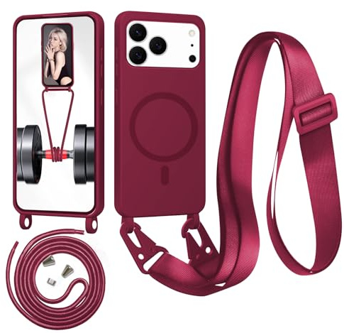 Beajew Handykette für iPhone 17 Pro Hülle mit Band [Kompatibel mit Magsafe] Flüssig Silikon Necklace Handyhülle Magnetische Schutzhülle zum Umhängen Kordel für iPhone 17 Pro, Rot