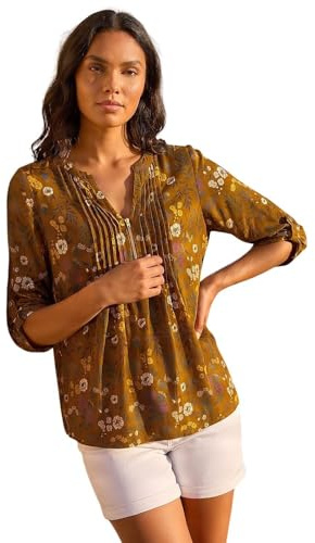 Roman Originals Pintuck Shirt for Women Ladies Jersey Blouse Collarless Top Flare Crinkle Notch Neck Tunic 3/4 Length Sleeve Longline Smart Casual Party Going Out - Ochre - Size 12