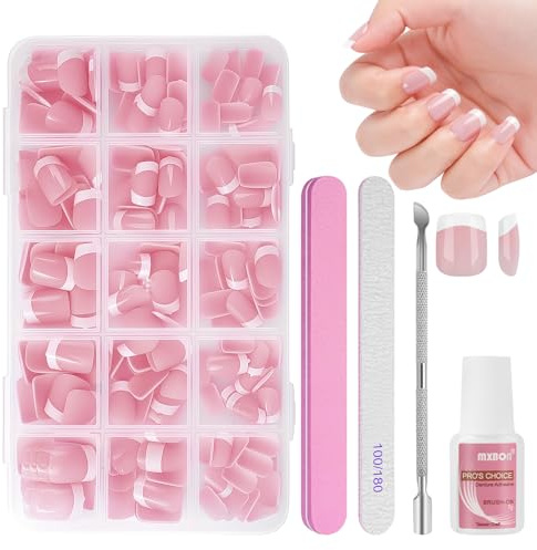 BUTBU French False Nails, 240PCS Short Square Press on nails Kit, Full Cover Stick on nail with Glue, 15 Sizes Nude Color Nail Tips for Women and Girls Manicure Art Salon (Pink B)