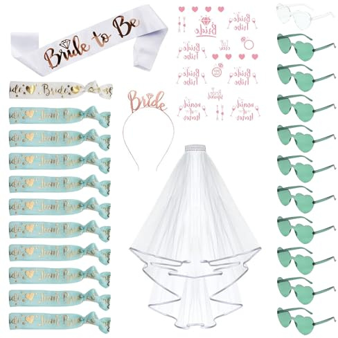 HORDUET JGA Accessoires Frauen Set, Junggesellenabschied Frauen Jga Brille Team Bride to Be Schärpe Team Braut Armbänder Braut Tiara Schleier Bride Tattoos für Junggesellinnenabschied Deko (Grün)