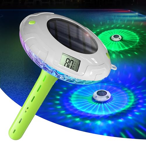 Solar Digital Pool Licht mit Dual LCD Bildschirmen, Leicht ablesbares Schwimmendes Poolthermometer mit 8 dynamischen Lichteffekten, IPX7 Wasserdicht Digital Thermometer